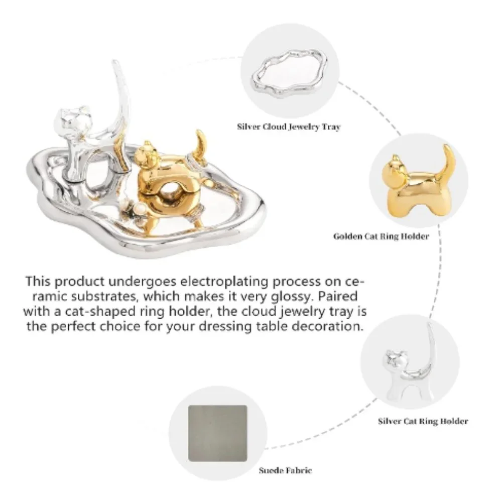 Ceramic Jewelry Cloud-Shaped Tray & 2 Removable Cat Ring Holder Set